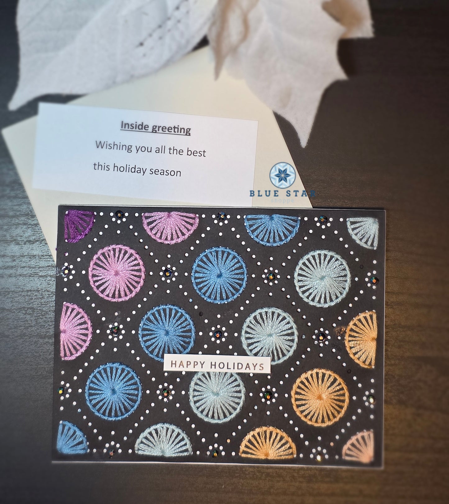 happy holidays - stitched circles (black background)