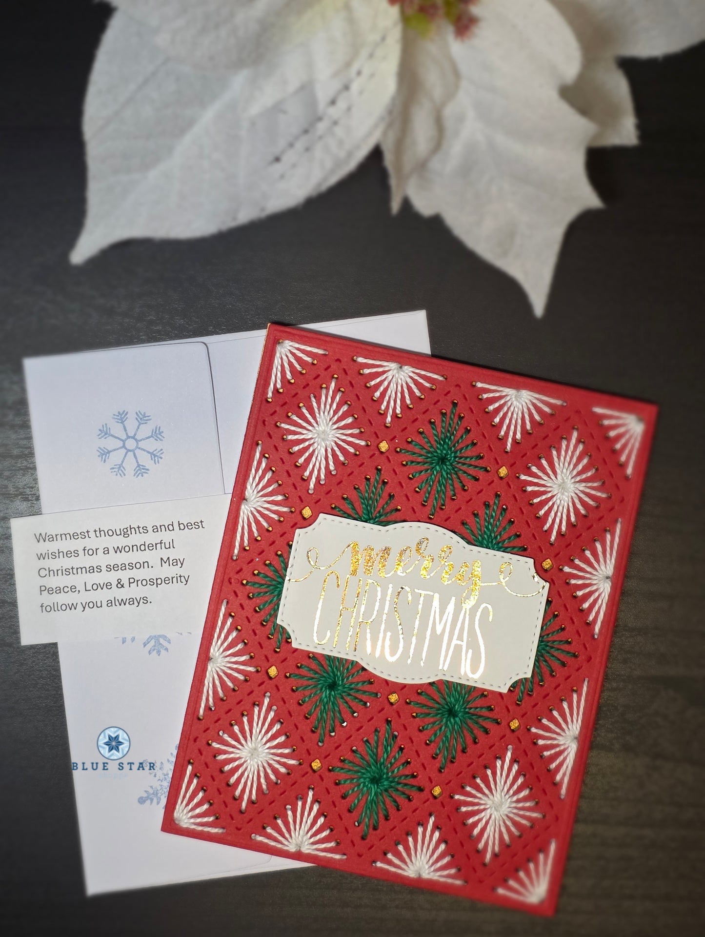 Merry Christmas (red background with green and white diamonds) - stitched