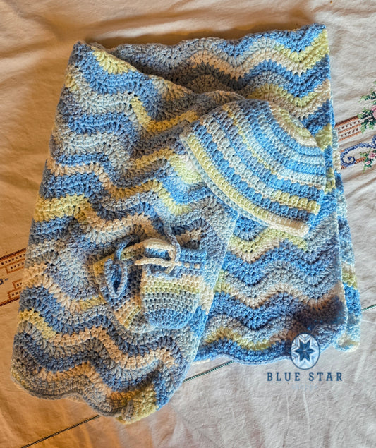 Baby Blanket, Hat and Mitts - blue, white, green