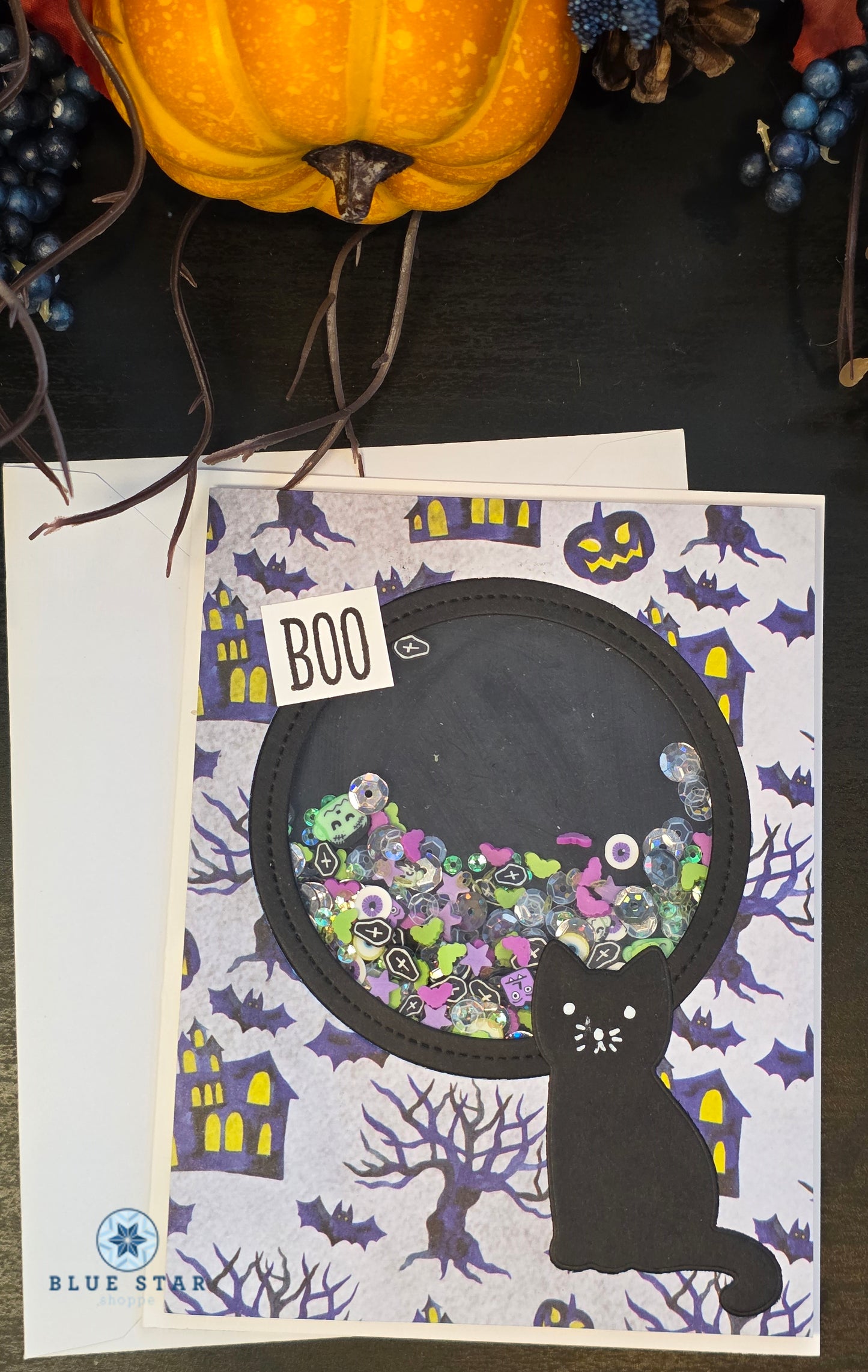 Halloween Shaker Card-Boo-purple/green shaker bits