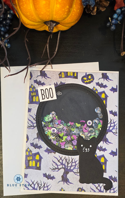 Halloween Shaker Card-Boo-purple/green shaker bits