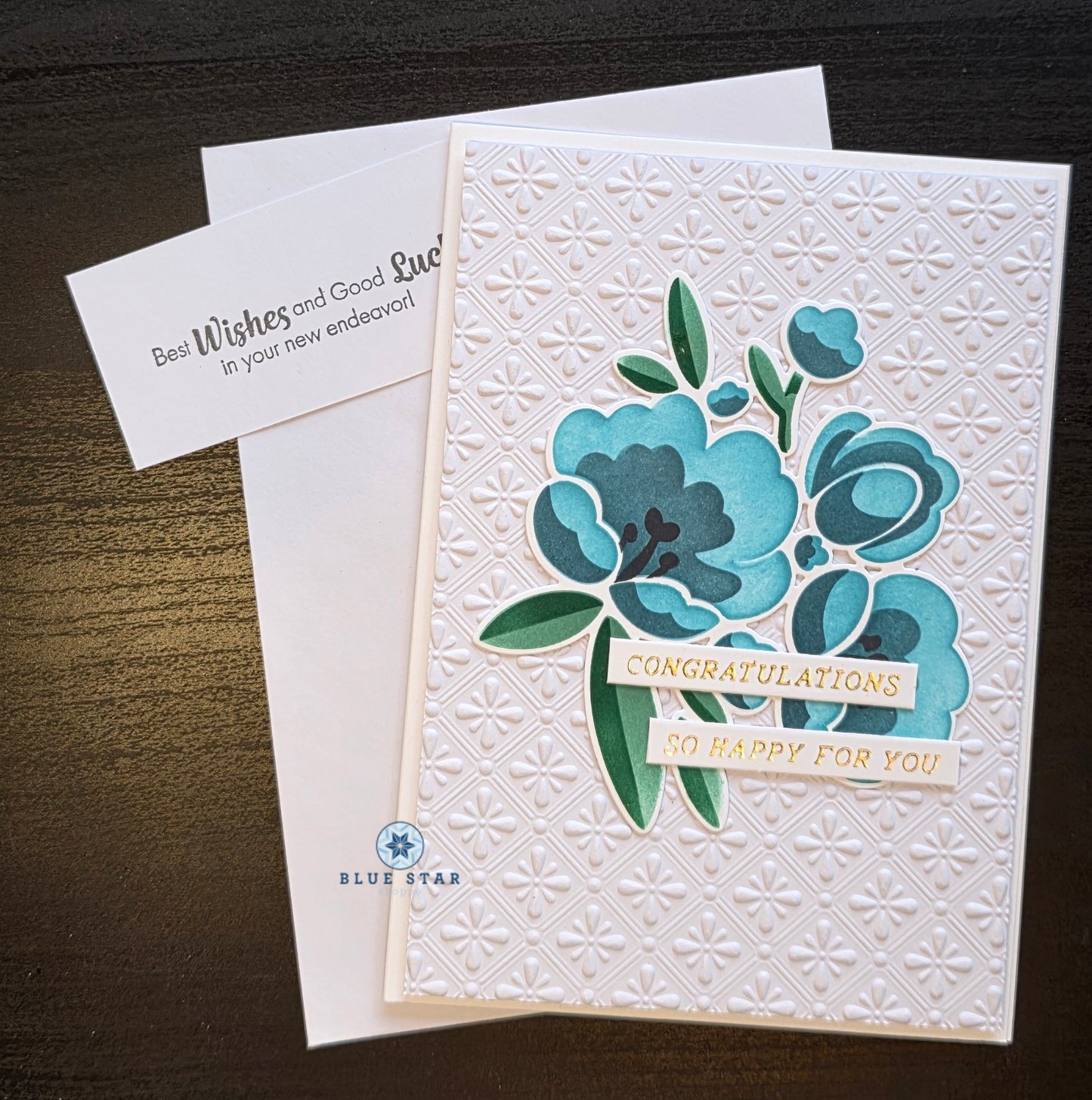 Congratulations -Blue Flowers on Embossed Background
