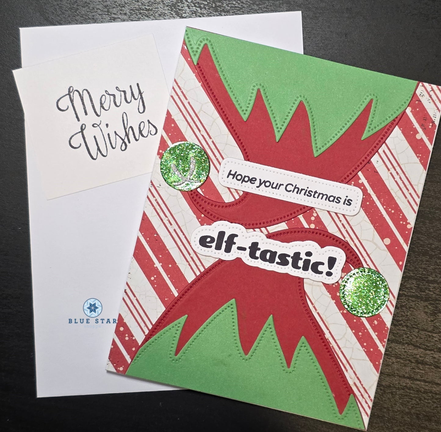 Christmas card with elf design and text 