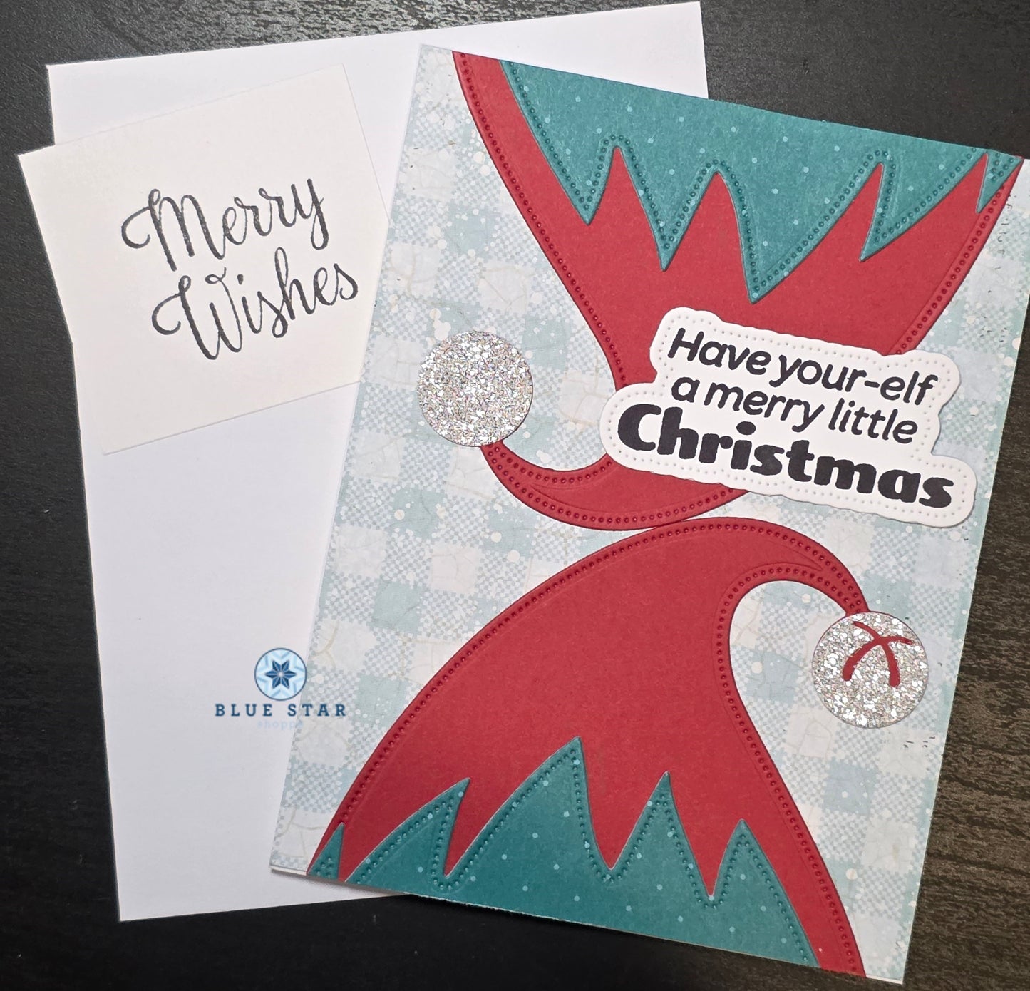 Christmas card with elf design and 'Have your-elf a merry little Christmas' text