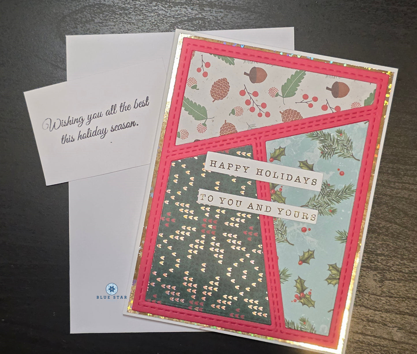 Christmas card with decorative patterns and text 