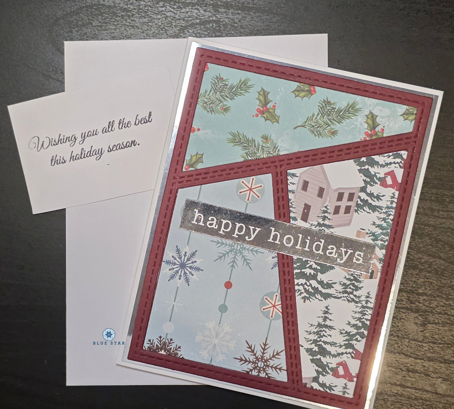 Christmas card with festive design and 'happy holidays' text