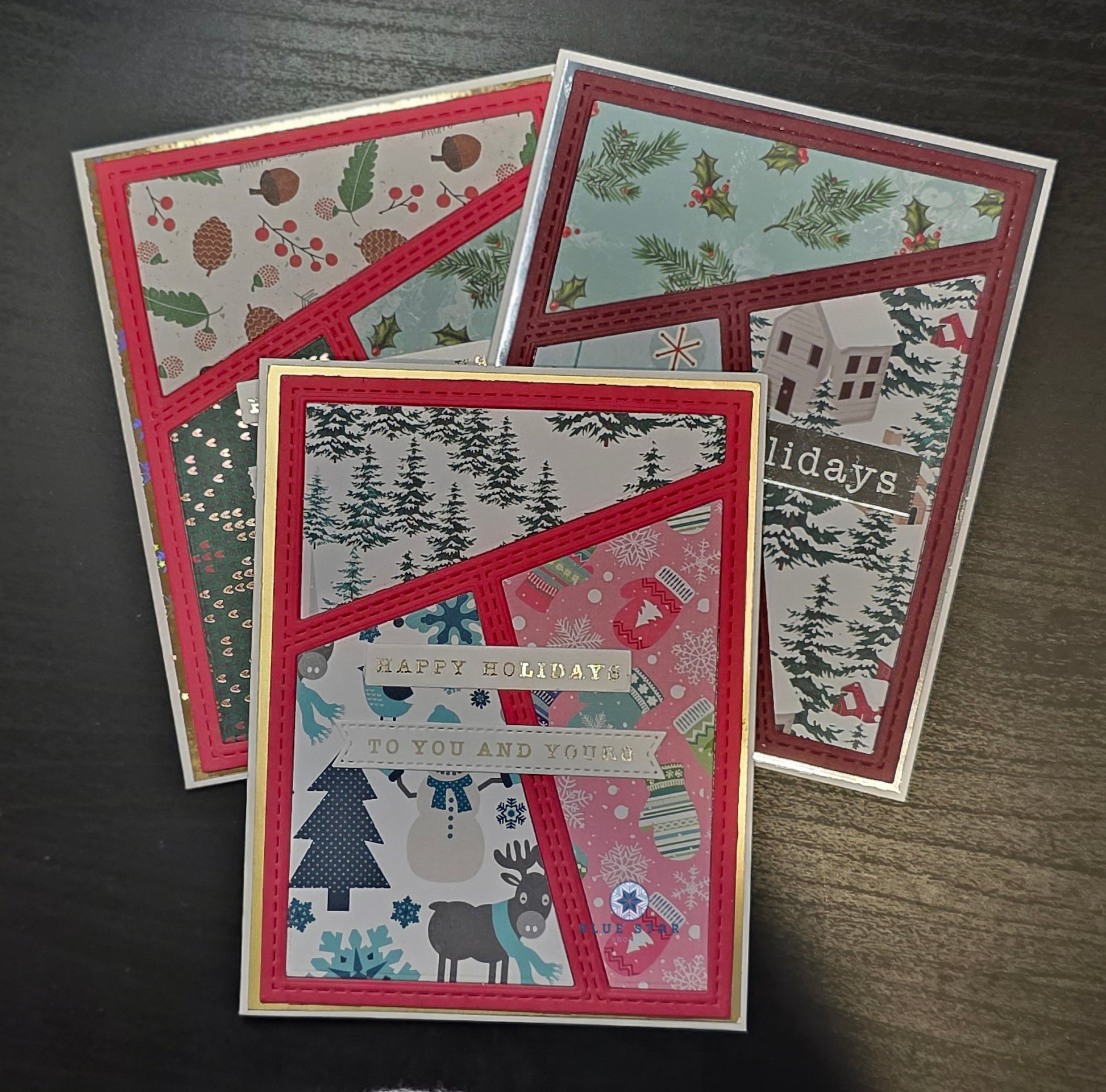 Three Christmas-themed greeting cards 