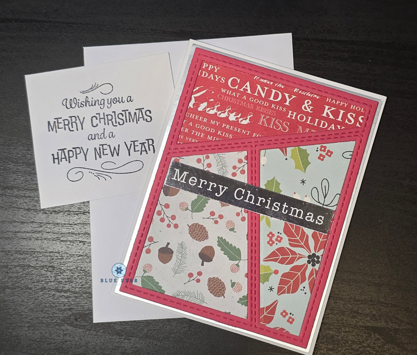 Christmas card with decorative patterns and text 