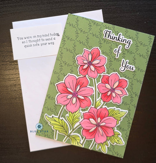 Thinking of You - pink floral and green background