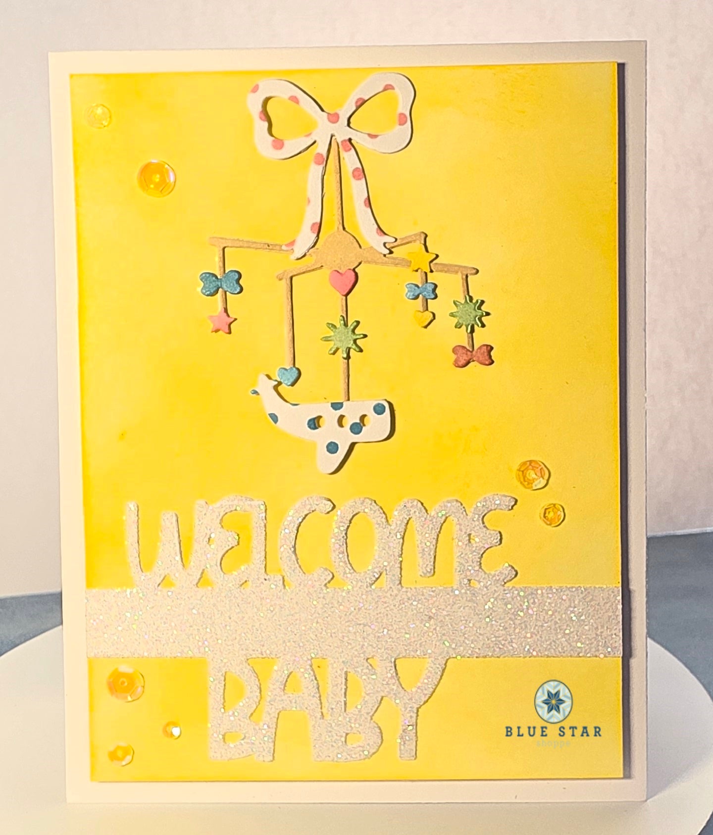 Welcome Baby Mobile with Yellow Background and Polka Dot Plane